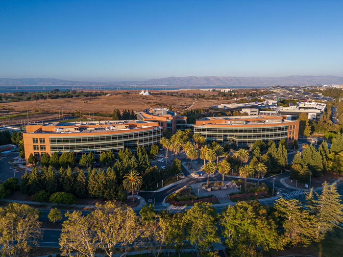Googleplex - google headquarters office buildings seen from above.