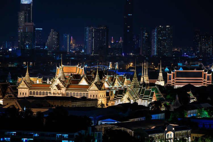 Aerial view of grand palace emerald buddha bangkok thailand, wat phra kaew at night