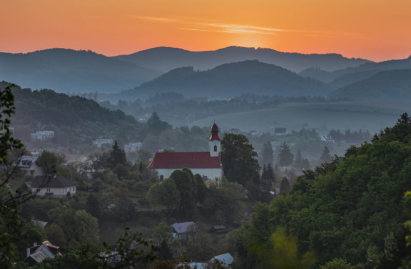 High angle view of townscape against sky during sunset