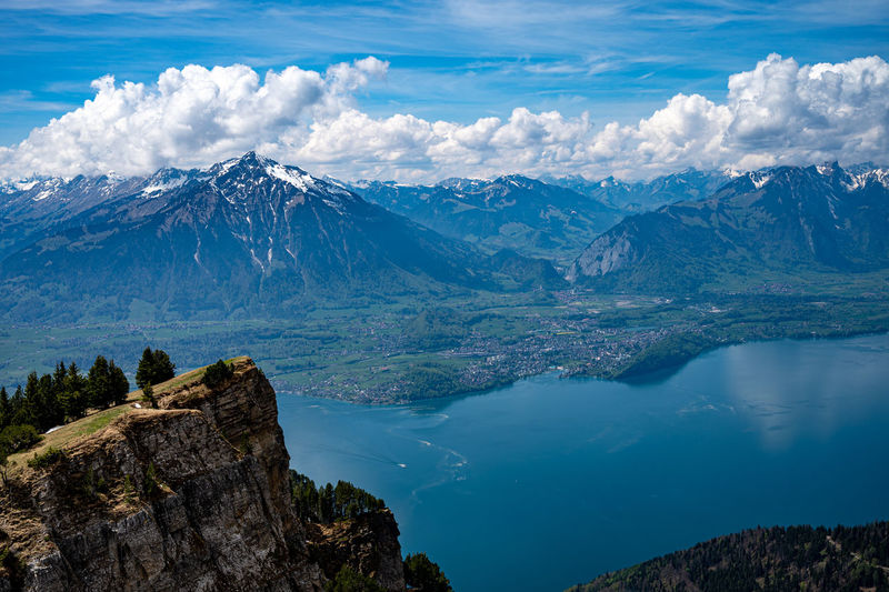 Mt niesen and mt stockhorn from mt niederhorn with lake thun and in the bay spiez