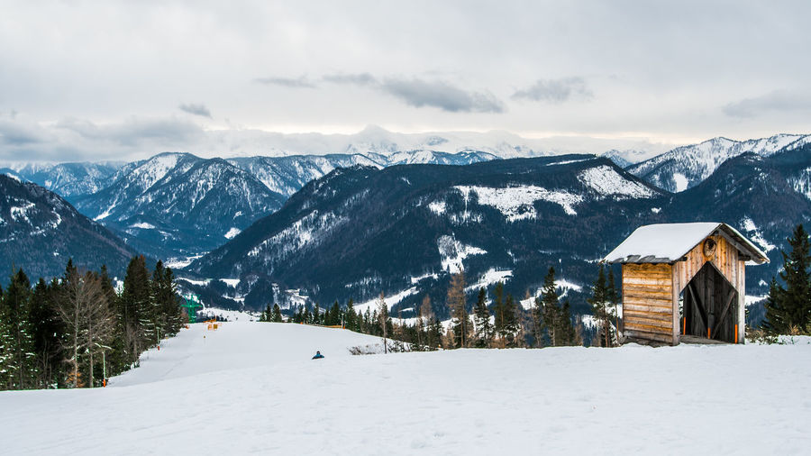 Scenic view of snow covered mountains against sky