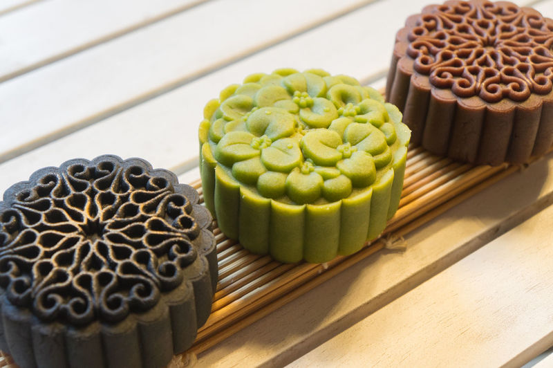 Close-up of mooncakes on table