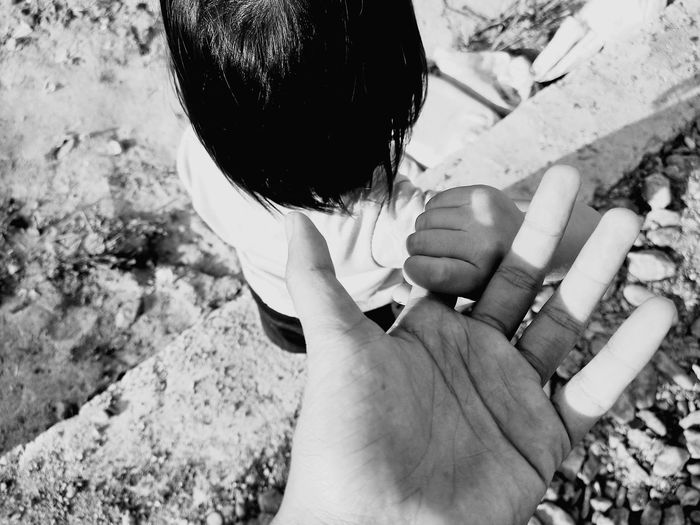 High angle view of girl holding fathers finger outdoors
