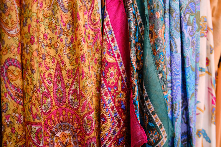 Full frame shot of multi colored scarfs for sale in market