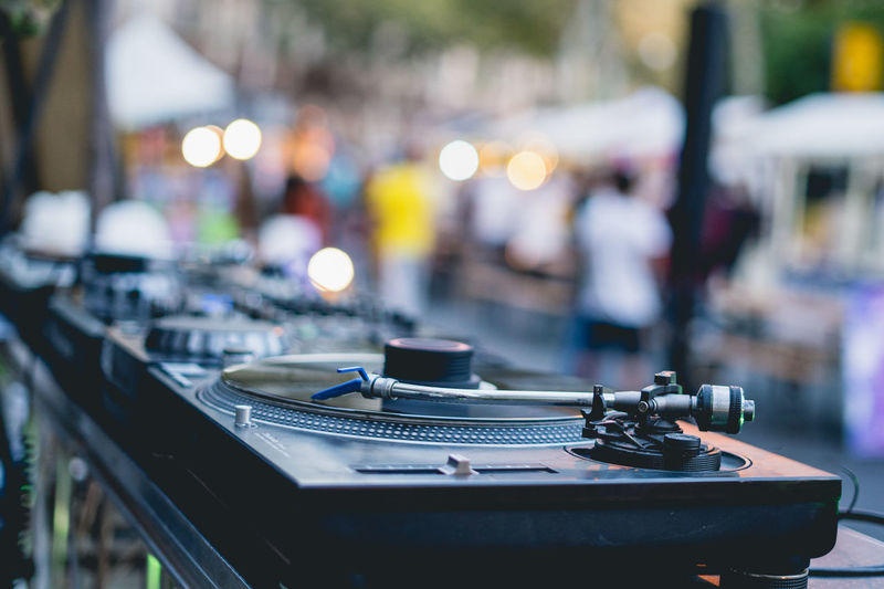 Close-up of record playing on turntable