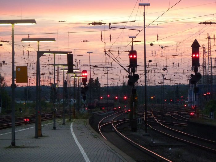 Railroad station platform at dusk