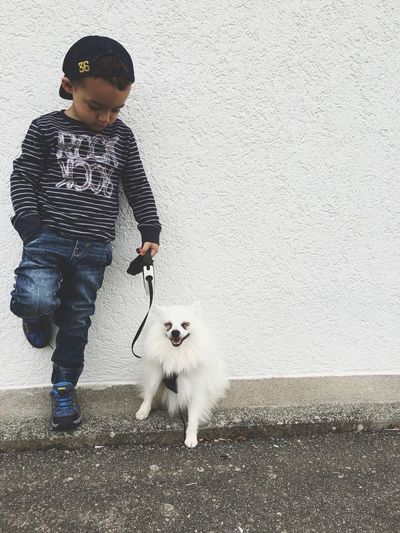 Fashionable boy standing by pomeranian against white wall