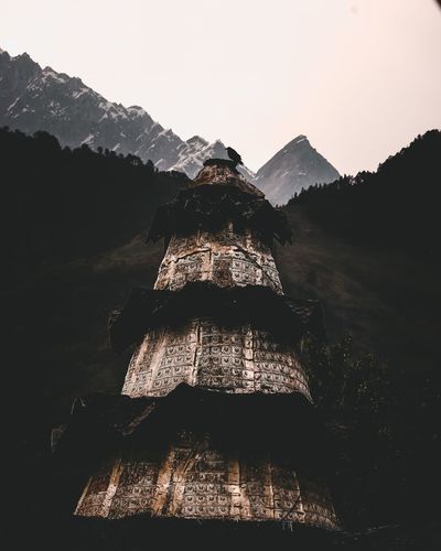Bird perching on built structure in forest against mountains