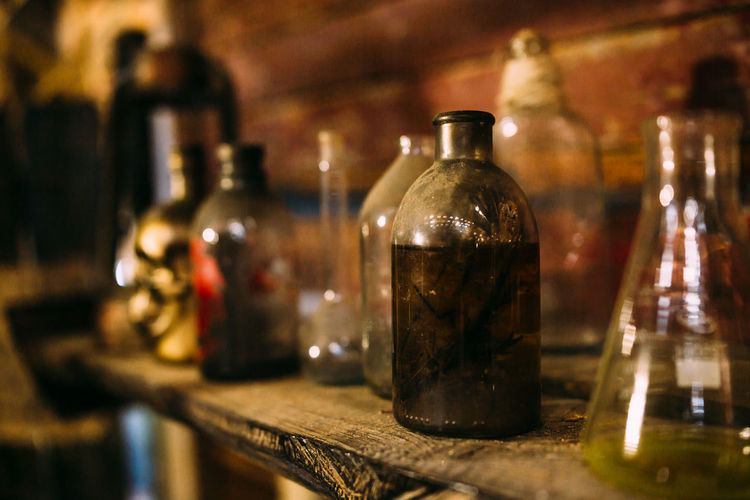 Antique medical bottle. dark mystery halloween concept
