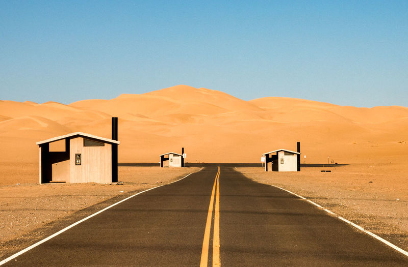 Three public restrooms in parking lot of imperial sand dunes