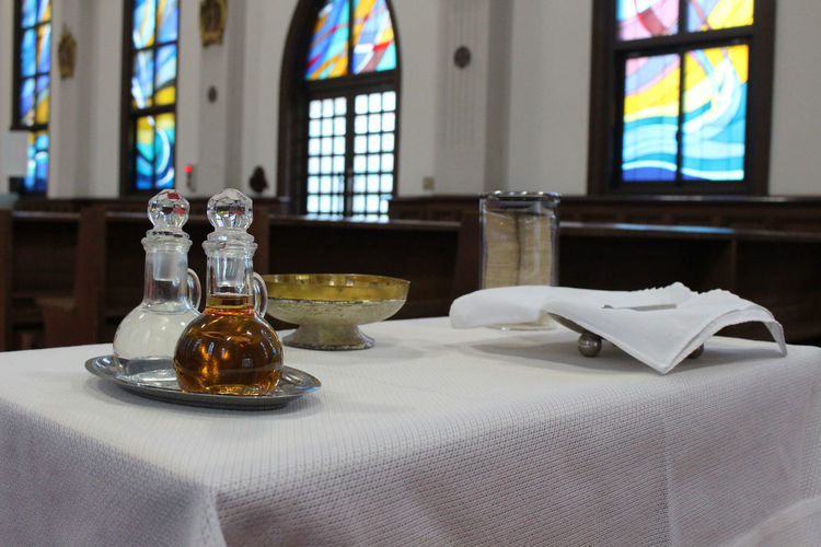 Table and glass of building