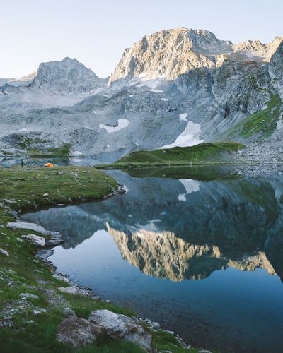 Scenic view of lake and mountains against sky