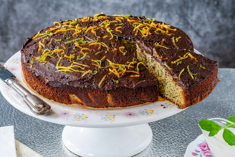 Orange and poppy seed cake with chocolate ganache