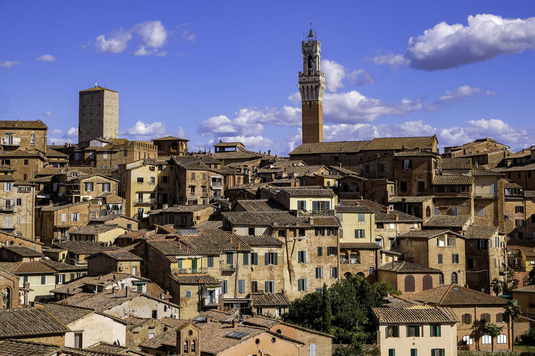 Panoramic view of siena with tiled rooftops, duomo and torre del mangia - tuscany, italy