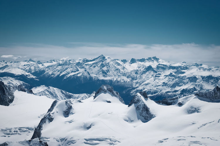 Scenic view of snow covered mountains against sky