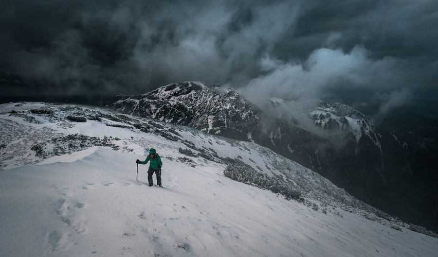Rear view of person on snowcapped mountain against sky