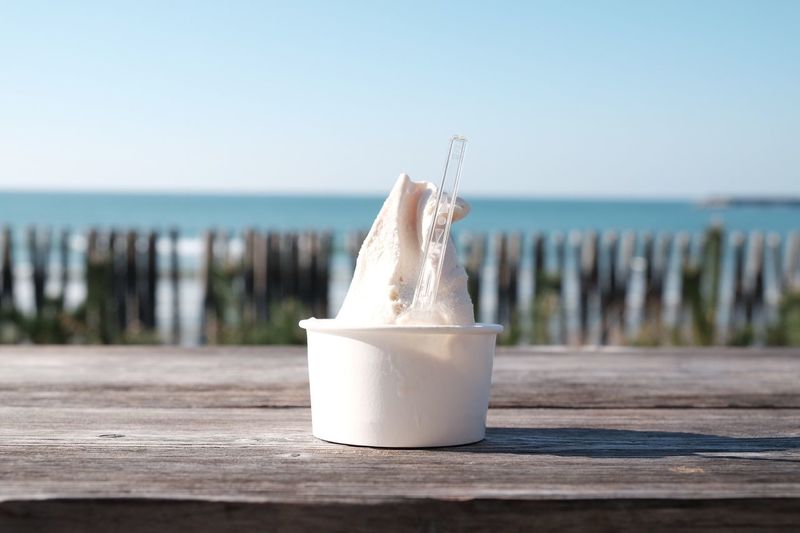 Close-up of ice cream in cup on beach against sky