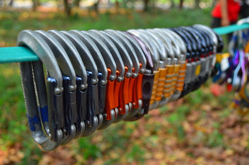 Close-up of multi colored carabiners in row