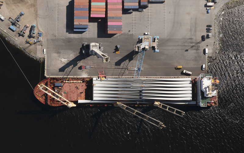 Aerial view of ship in harbor