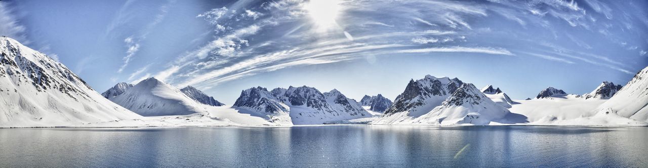Panoramic view of lake and snowcapped mountains 