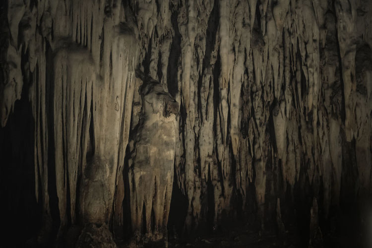 Low angle view of stalactites in tham khao bin cave