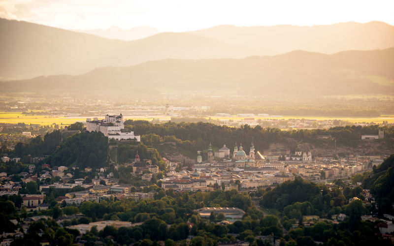 High angle view of the city of salzburg against sky