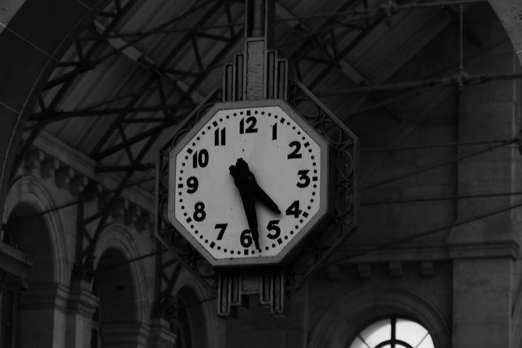 Low angle view of clock at railroad station