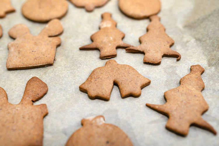 Baked gingerbread cookies in various shapes without decorations, lying on baking paper