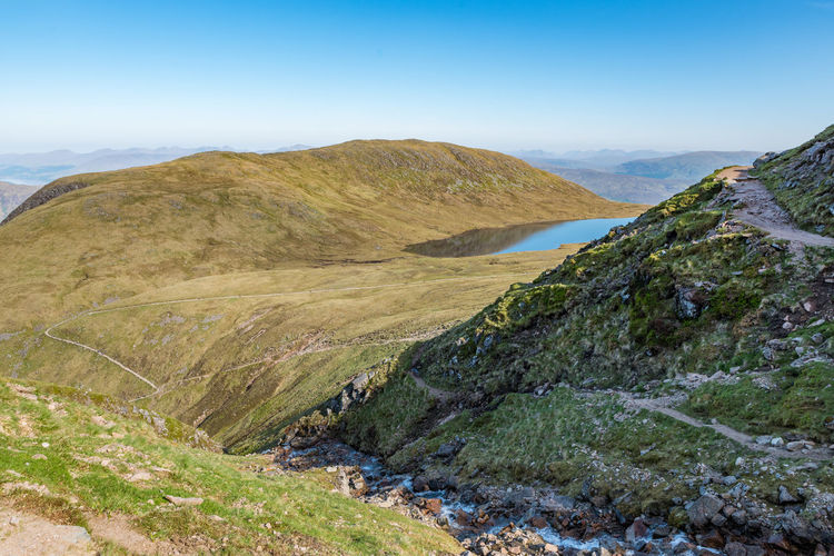 Scenic view of mountains against blue sky