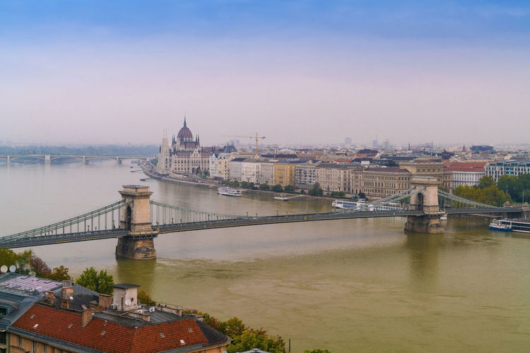View of the chain bridge, danube river and the parliament palace, pest