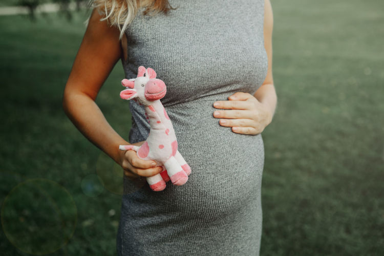 Midsection of pregnant young woman holding stuffed toy by abdomen while standing on grass