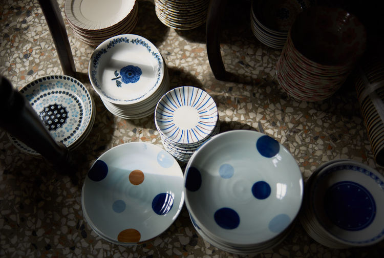 High angle view of bowls on table