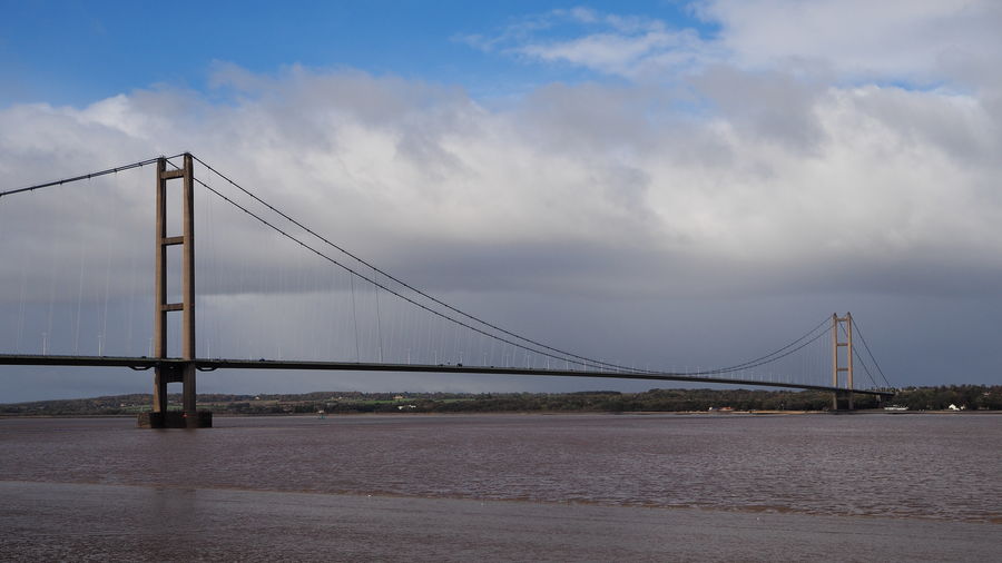 View of suspension bridge against cloudy sky