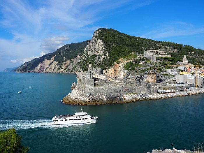 Scenic view of sea by buildings against sky