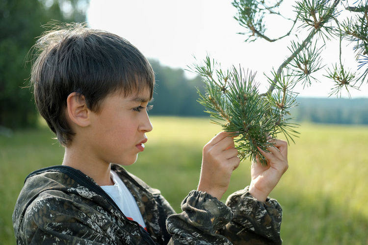 Side view of boy holding pine branch