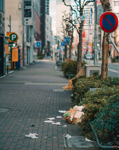 View of litter on street in city