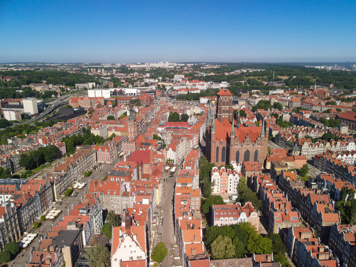High angle view of old town against sky, aerial view on the old town in gdansk, poland