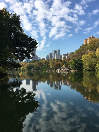 Reflection of trees and buildings in lake against blue sky