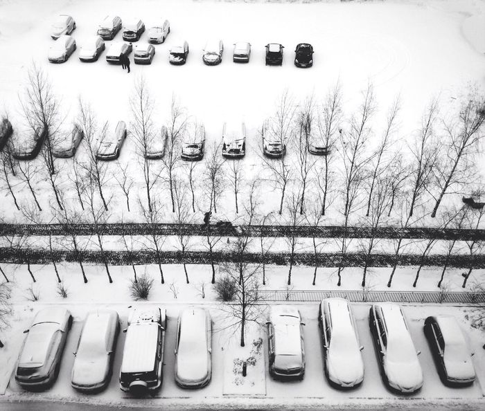 High angle view of snow covered parked cars and bare trees