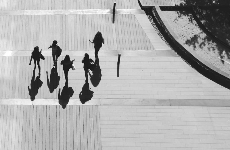 High angle view of women walking on footpath