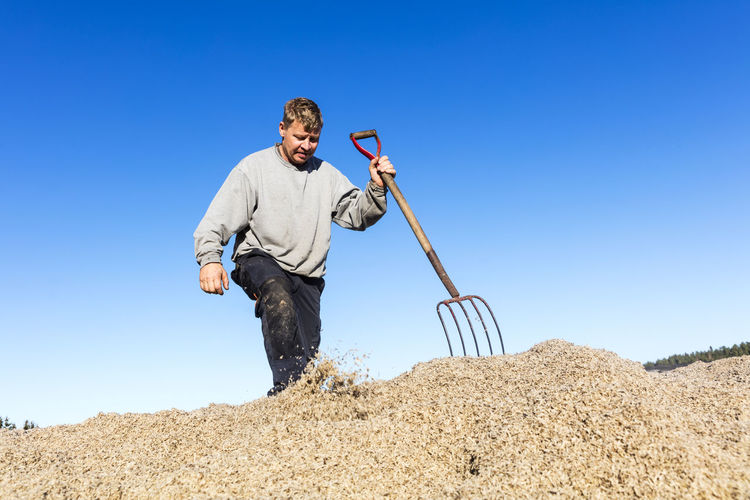 Male farmer with pitchfork working during harvest
