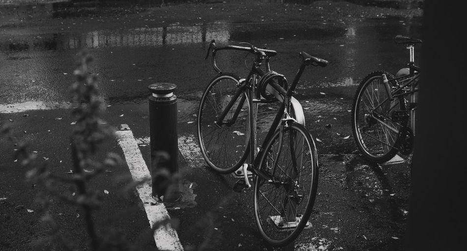 Bicycle parked by wet lake in city