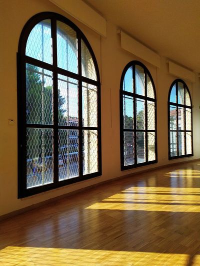 Interior of empty glass window of building