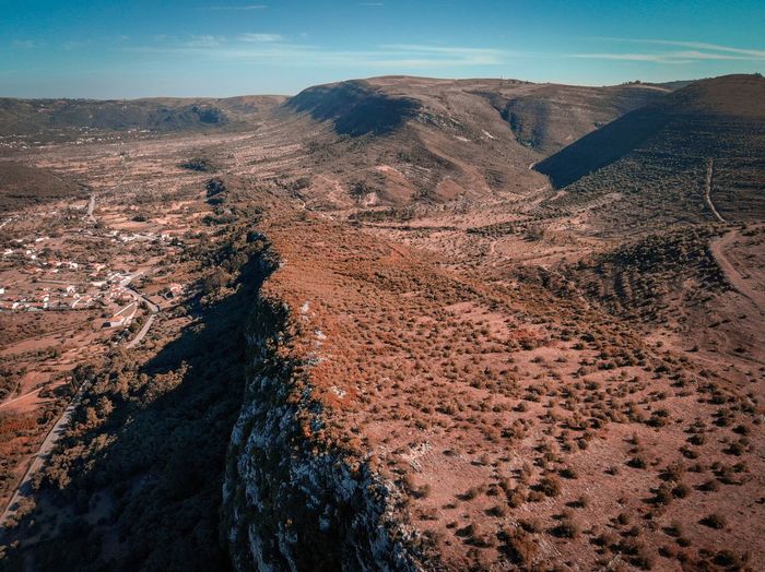 Aerial view of rock formations against sky