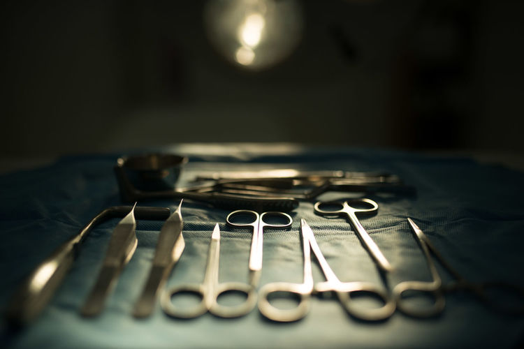 Close-up of surgical equipment in hospital