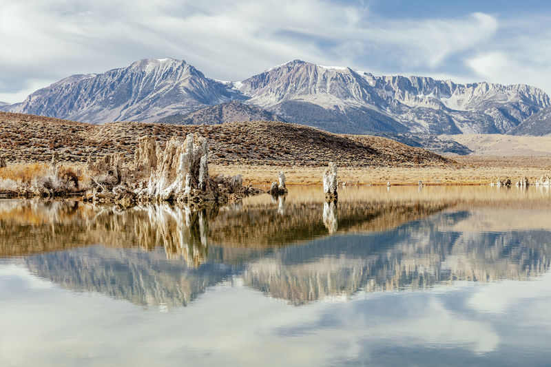 Scenic view of lake and mountains against sky
