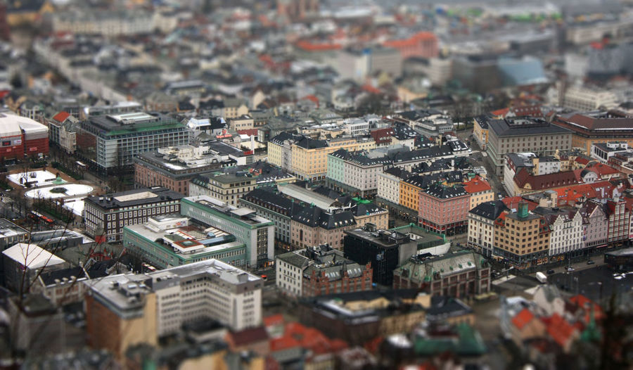 Tilt-shift image of buildings in city