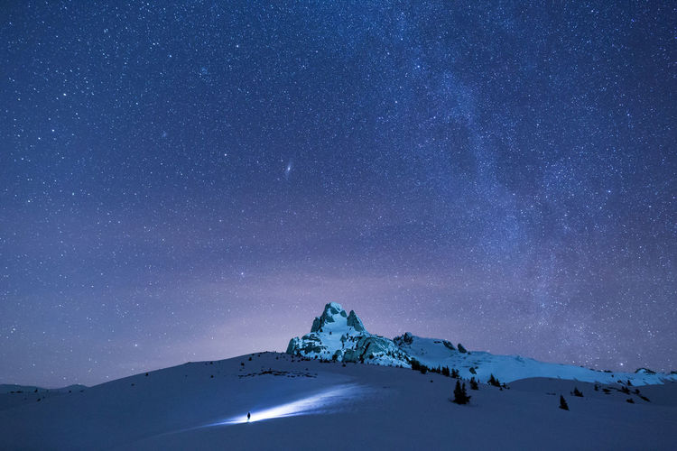 Scenic view of snowcapped mountains against sky at night