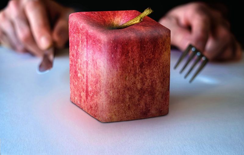 Cropped hands with eating utensils by cube shape apple on table at home
