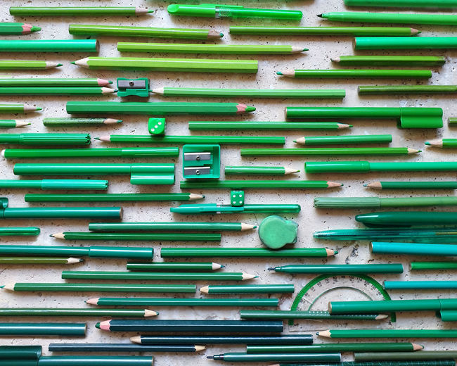 Full frame shot of green color pen pencil tools 